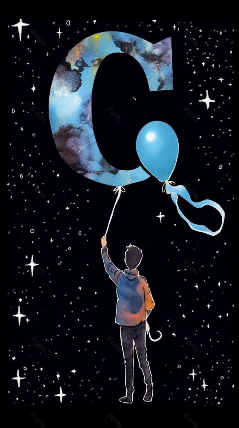 手拿英文字母G气球插画艺术手绘图蓝色卡通背景,插画/手绘图,插画/手绘图库,插画/手绘图下载,插画/手绘